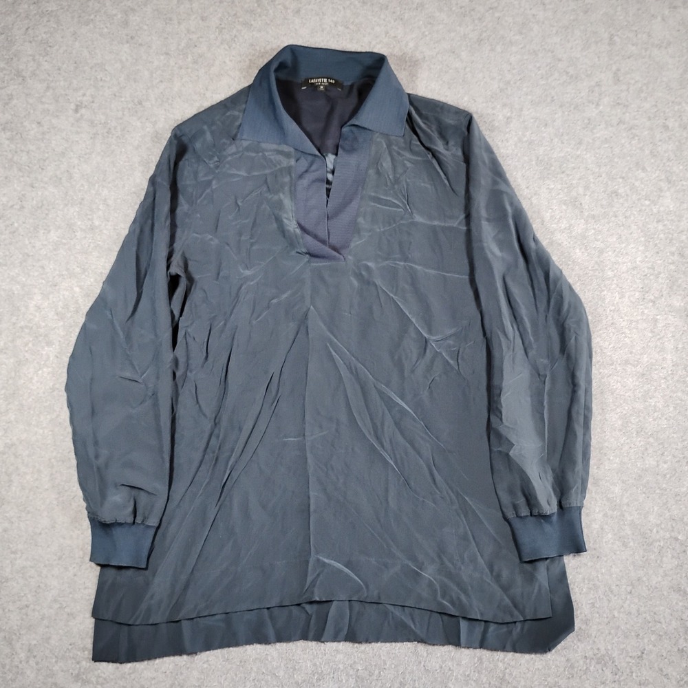 Lafayette 148 New York Navy Blue 100% Silk Polo V-Neck Blouse Tunic Medium